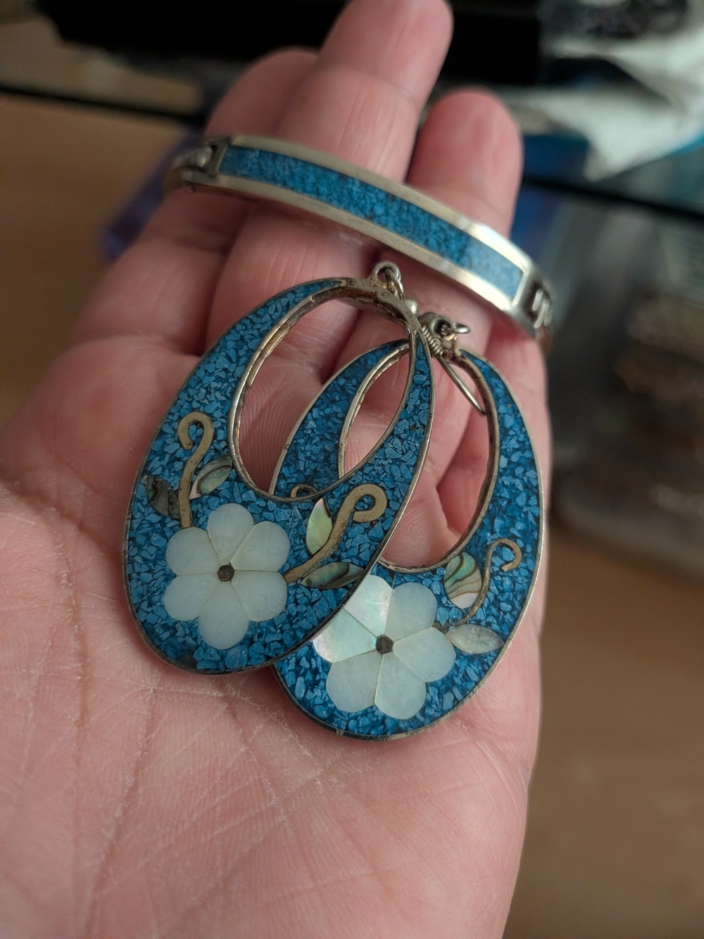 Vintage Alpaca Mexican Blue Floral Inlay Teardrop Earrings and Bracelet Set